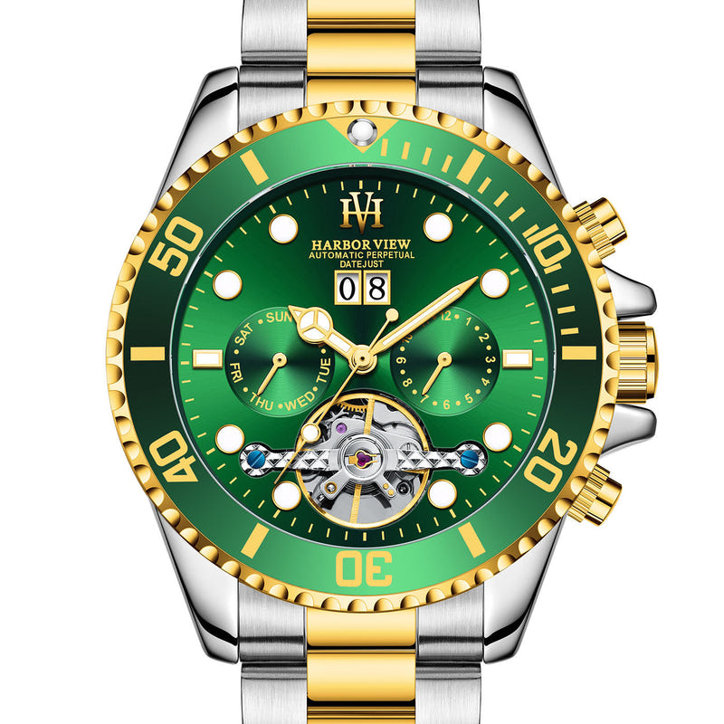 Men's tourbillon automatic watch with green dial, gold bezel, and two-tone gold center links