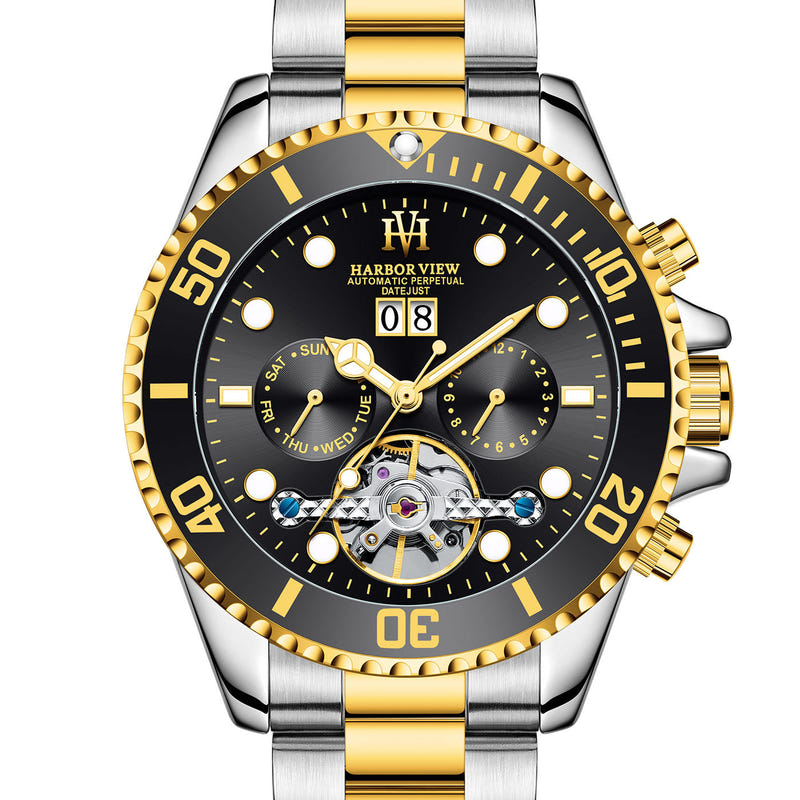 Men's tourbillon automatic watch with black dial, gold bezel, and two-tone bracelet