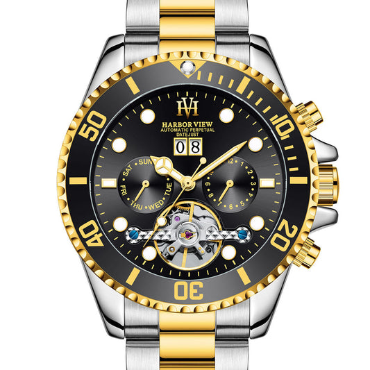 Men's tourbillon automatic watch with black dial, gold bezel, and two-tone bracelet