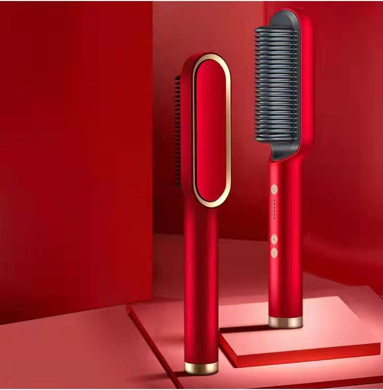 Red hair styling tool with black bristle brush head on a red background