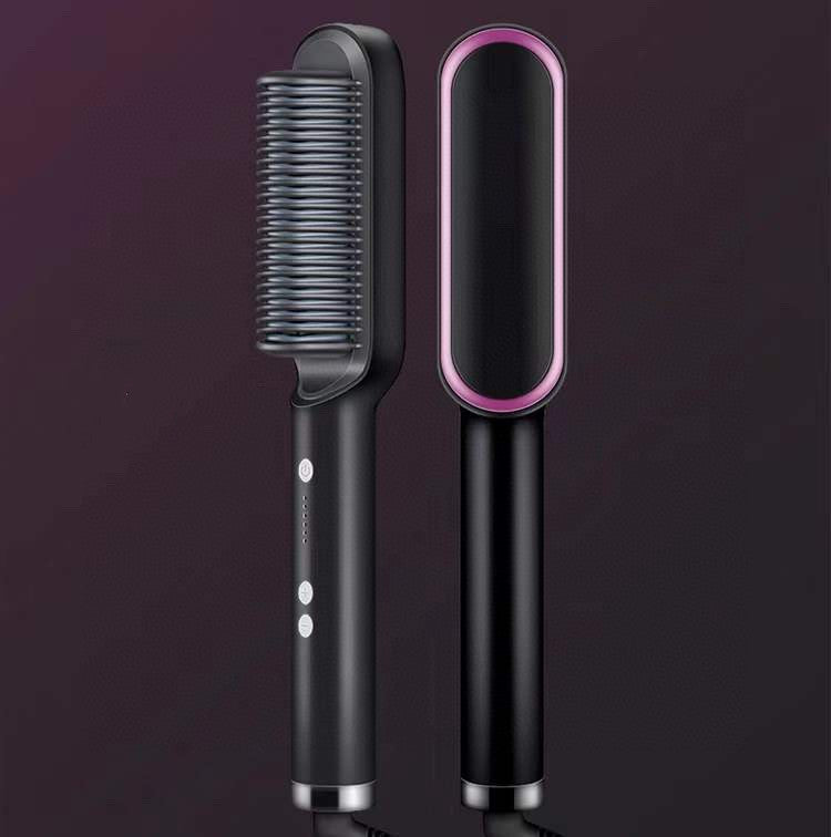 Black hair straightening brush with pink accents on a dark purple background