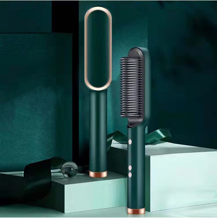 Two green hair styling tools with a mirror on a teal background