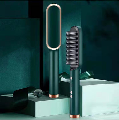 Two green hair styling tools with a mirror on a teal background