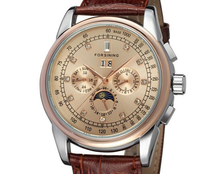 Luxury watch with a detailed face and brown leather strap on a white background