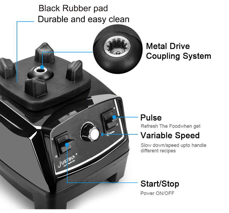 Black blender base with variable speed dial and start/stop switch