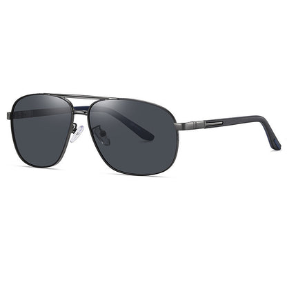 Men's Sunglasses with dark lenses and thin frame on a white background