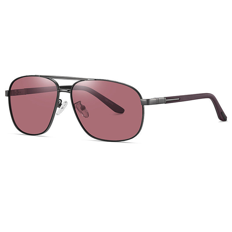 Men's Sunglasses with red lenses and black frame on a white background