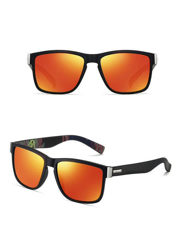 Orange sports sunglasses with orange mirrored polarized lenses, square wrap frame.