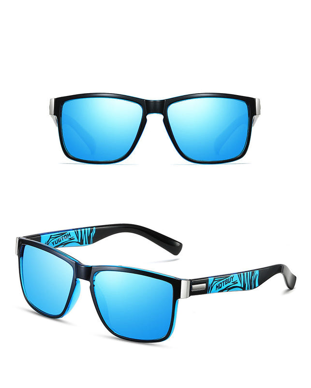 Blue sports sunglasses with blue mirrored polarized lenses, square wrap frame.