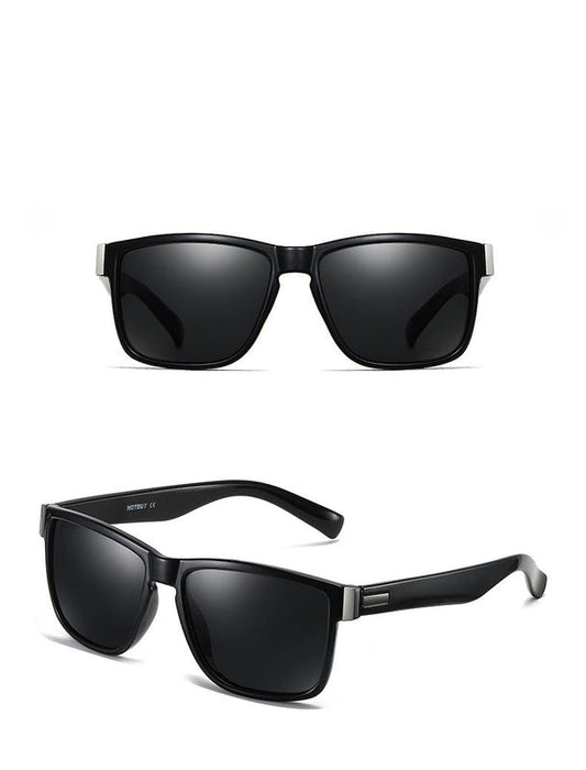 Black sports sunglasses with dark polarized lenses, square wrap frame.