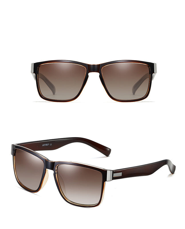 Brown sports sunglasses with amber polarized lenses, square wrap frame.