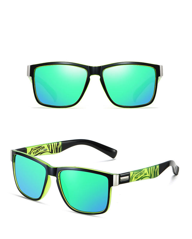 Green sports sunglasses with teal mirrored polarized lenses, square wrap frame.
