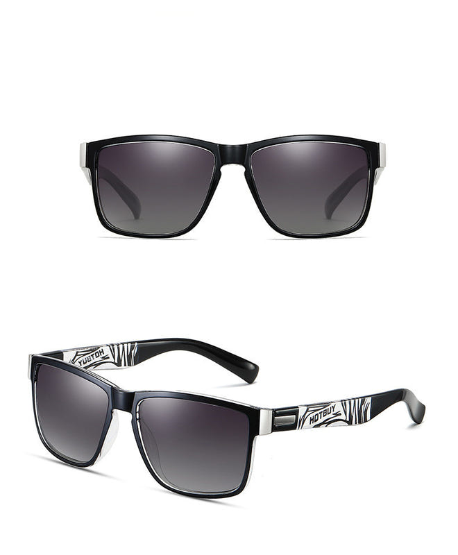 Black sports sunglasses with purple-tinted polarized lenses, square wrap frame.