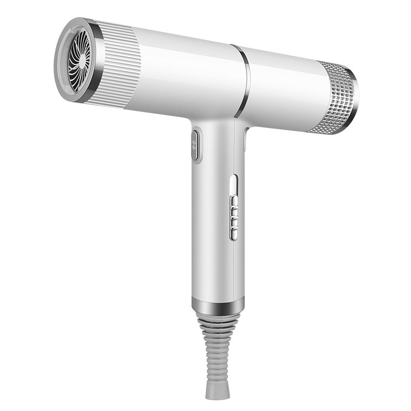 White hair dryer with nozzle attachment on a white background