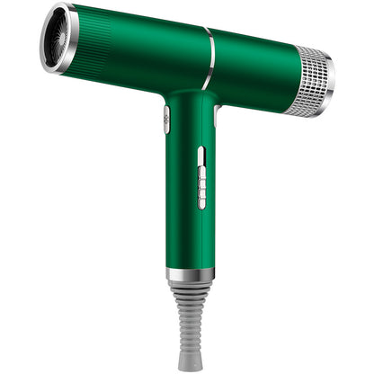 Green hair dryer with silver accents on a white background