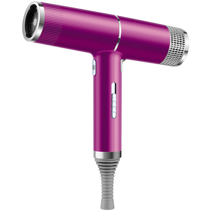 Purple hair dryer with silver accents on a white background