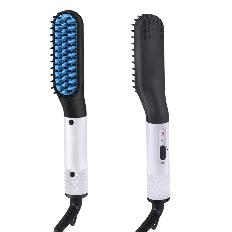 Pair of hair straightener comb brushes with blue heated teeth and black storage
