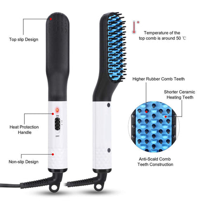 Heated hair straightener comb with anti-scald blue ceramic teeth and heat-protect handle