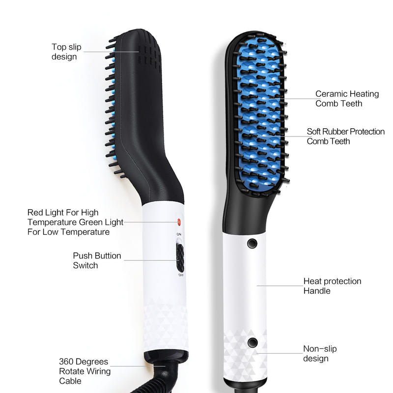 Heated hair straightener brush comb with blue ceramic teeth and white-and-black handle