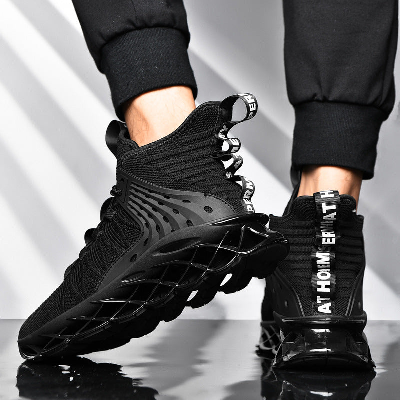 Black athletic shoes with unique sole design on a reflective surface