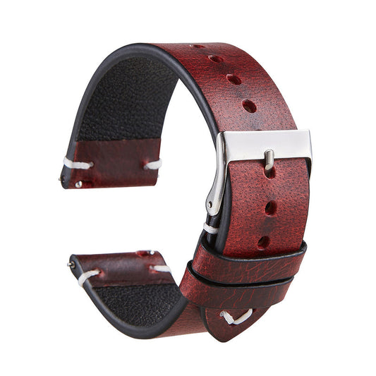Thin wine red leather strap with silver buckle and adjustment holes