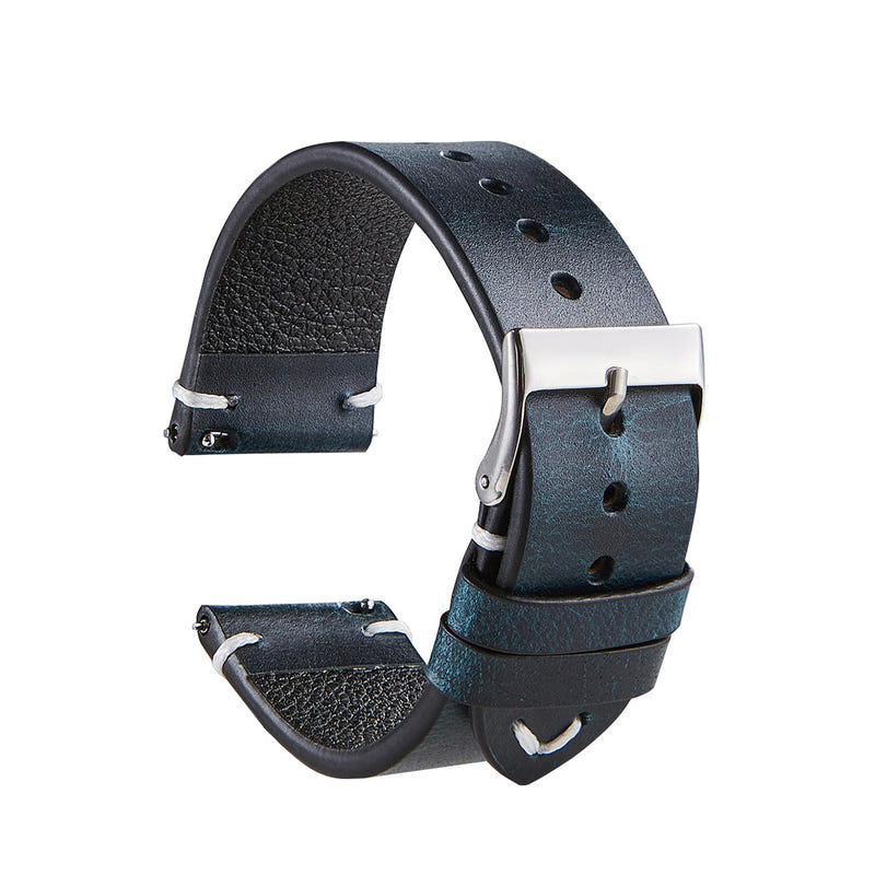 Thin blue leather strap with silver buckle and punched holes, for men and women