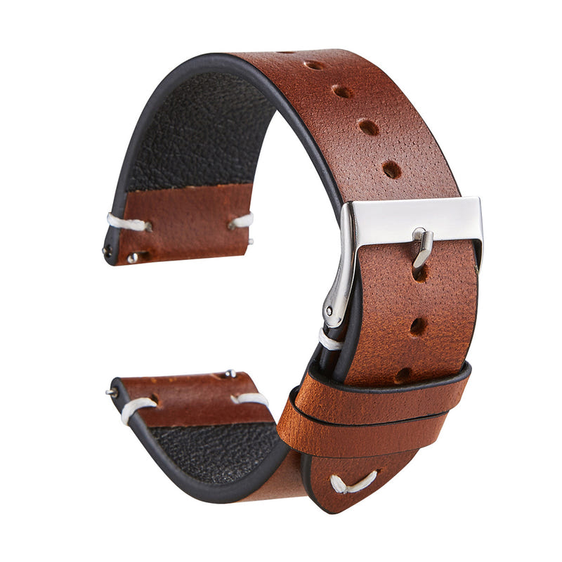 Thin brown leather strap with silver buckle and punched holes, for men and women