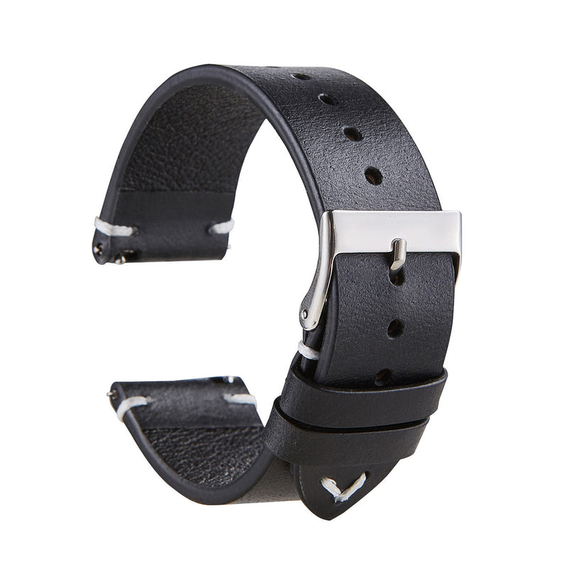 Thin dark leather watch strap with silver buckle and adjustment holes