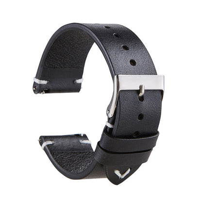 Thin dark leather watch strap with silver buckle and adjustment holes