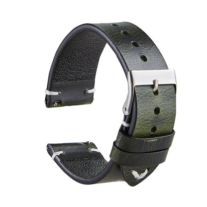 Thin olive green leather watch strap with silver buckle and adjustment holes