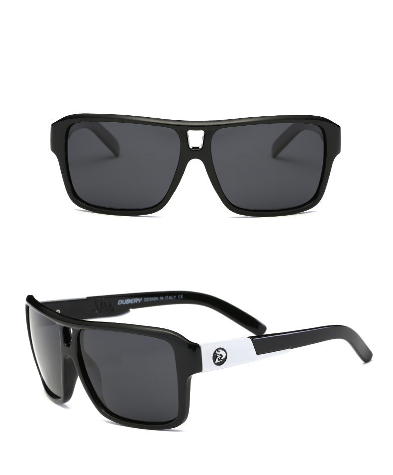 Black sunglasses with a white brand logo on a white background