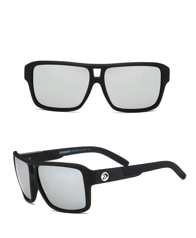 Black sunglasses with silver reflective lenses on a white background