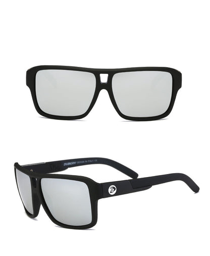 Black sunglasses with silver reflective lenses on a white background