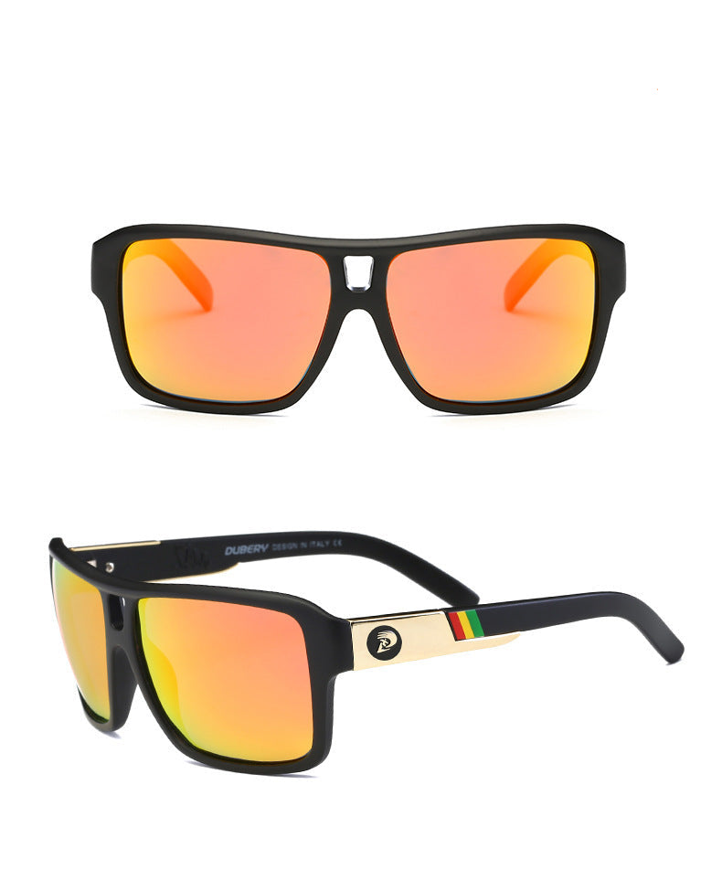 Black sunglasses with orange lenses on a white background