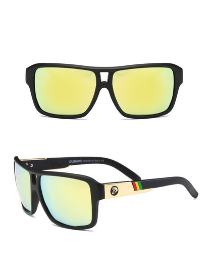 Two pairs of sunglasses with black frames and yellow-tinted lenses on a white background.