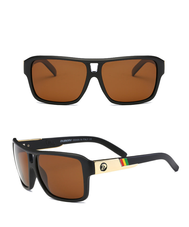 Sunglasses with black frame and brown lenses, featuring Dubery branding.