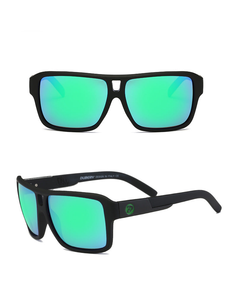 Black sunglasses with green lenses on a white background