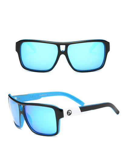Blue sunglasses with black frames on a white background