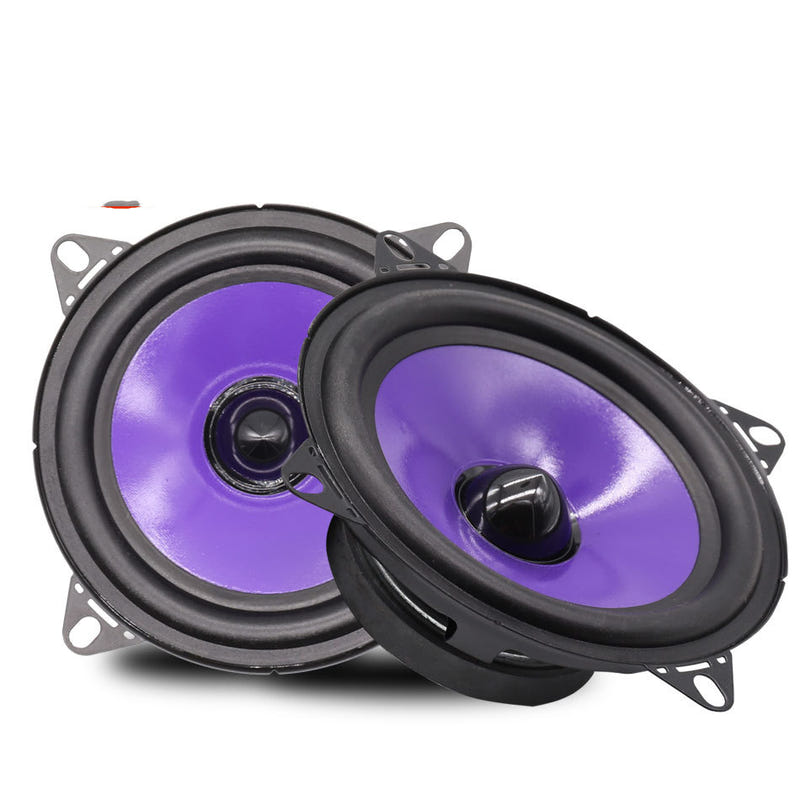 Black 4-inch car audio speakers with purple cones and metal mounting brackets