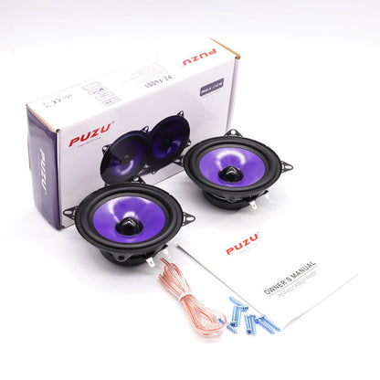 Car speakers with purple cones, packaging, and accessories on a white background