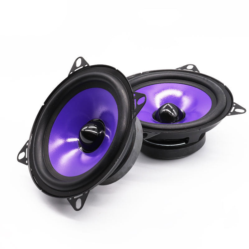 Pair of car speakers with purple cones on a white background