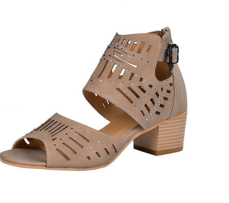 Women's tan block-heel sandals with cutout panels and back zipper-buckle closure