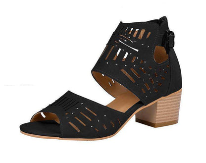 Women's black block-heel sandals with cutout upper and back buckle strap