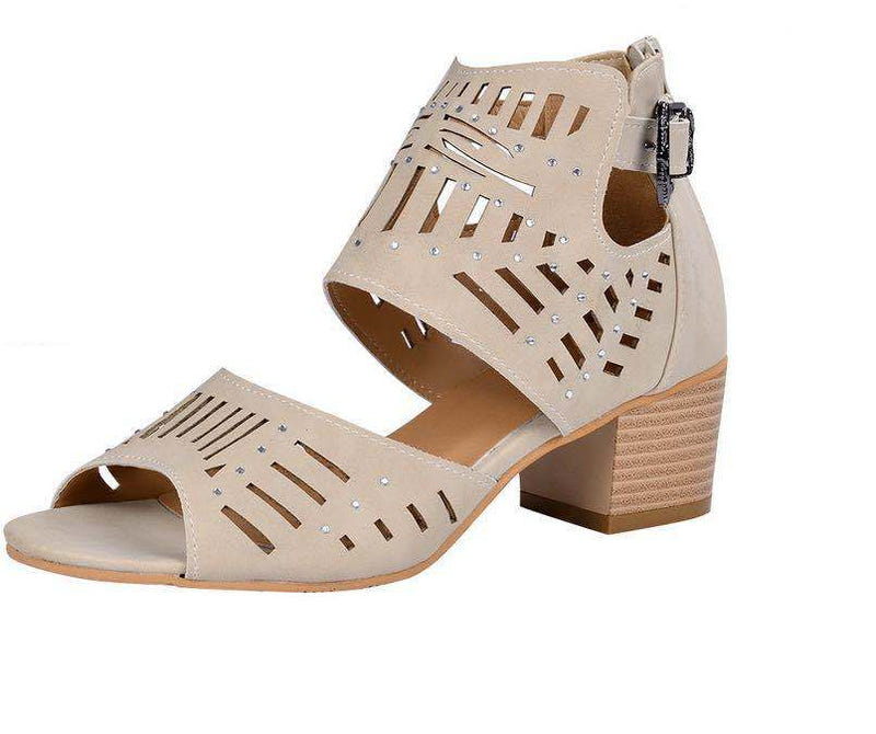 Women's apricot block-heel sandals with cutout upper, back zipper, and buckle strap