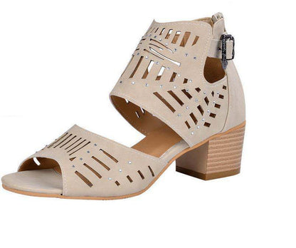 Women's apricot block-heel sandals with cutout upper, back zipper, and buckle strap