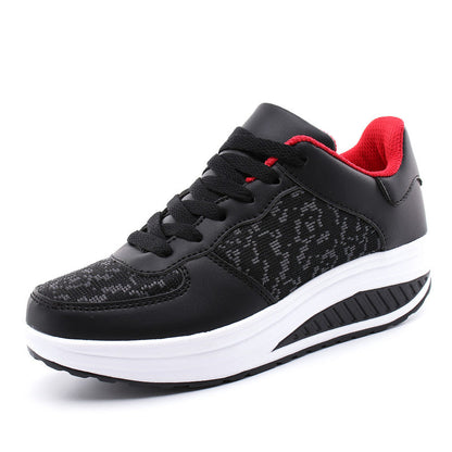 Women's black woven sport shoes with red inner lining, lace-up and white cushioned sole