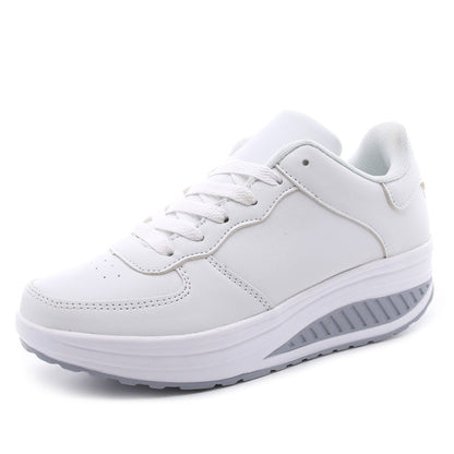 Women's white woven sport shoes, lace-up design and cushioned white sole