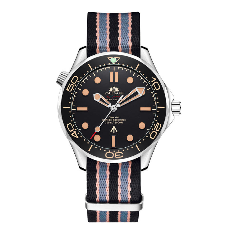 Men's automatic mechanical watch with black dial and striped fabric strap in black and pink