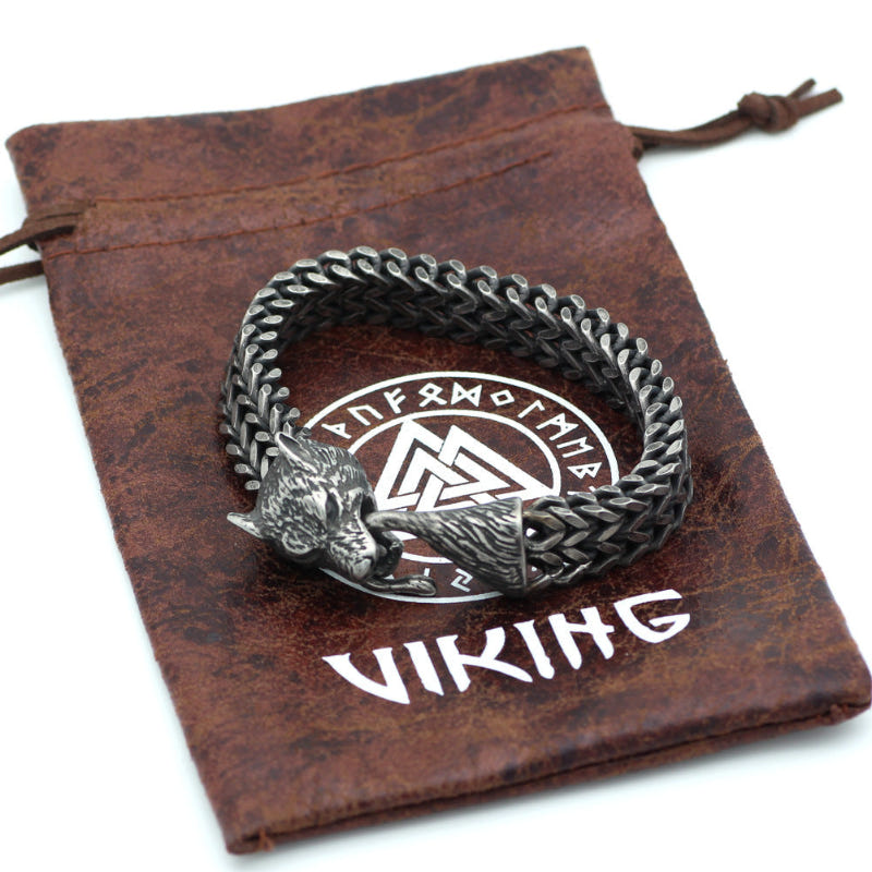 Men's vintage stainless steel bracelet, braided chain with wolf rune emblem, dark cord