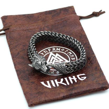 Men's vintage stainless steel bracelet, braided chain with wolf rune emblem, dark cord